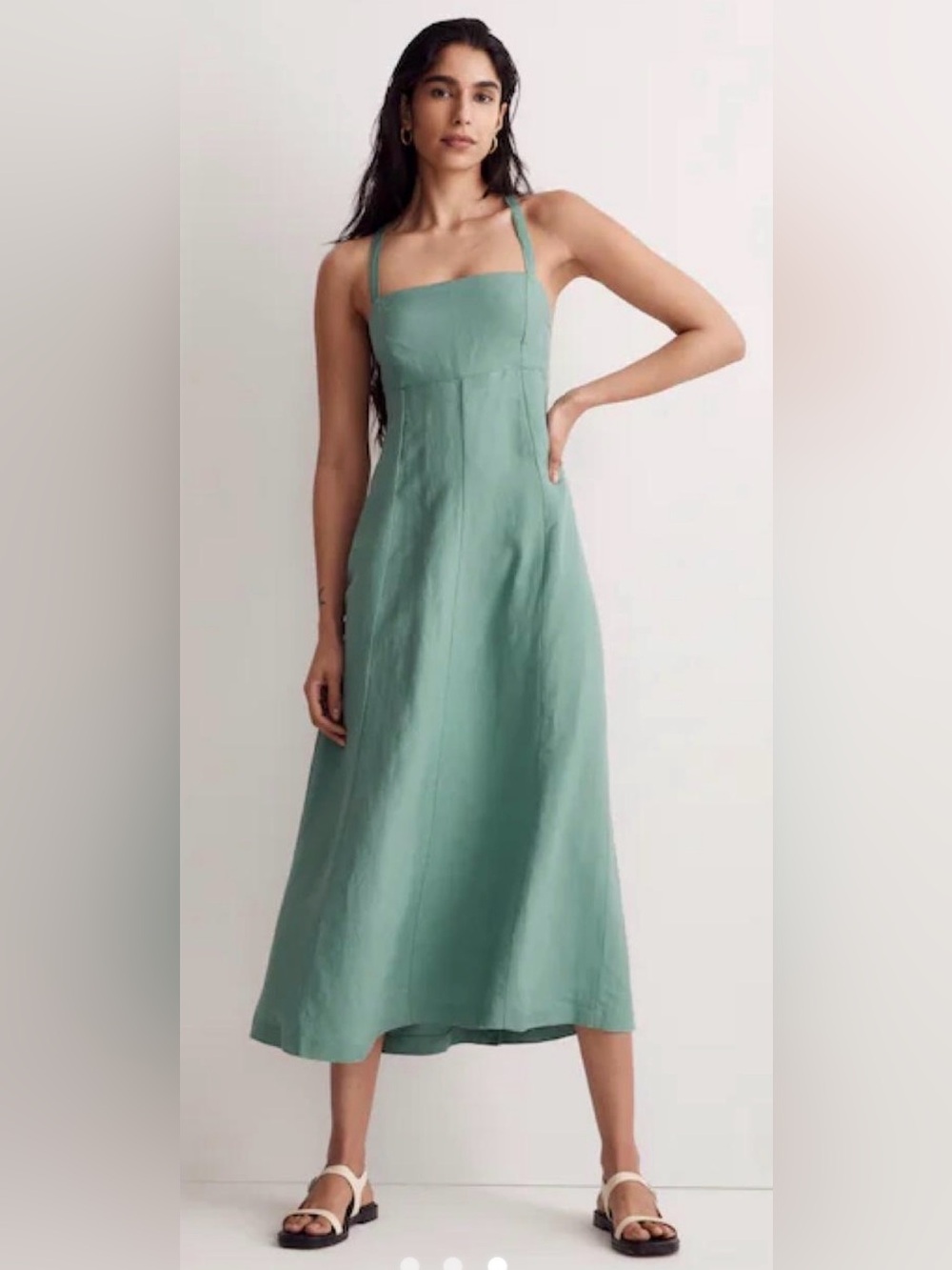 Madewell Teal Green Midi linen blend Dress with Double Straps